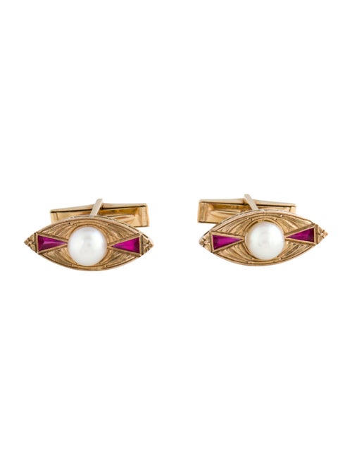 Cufflinks Antique 14K Pearl & Synthetic Ruby Cufflinks