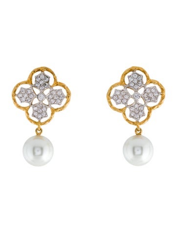 CZ by Kenneth Jay Lane Clip-On Faux Pearl & Cubic Zirconia Floral Drop Earrings