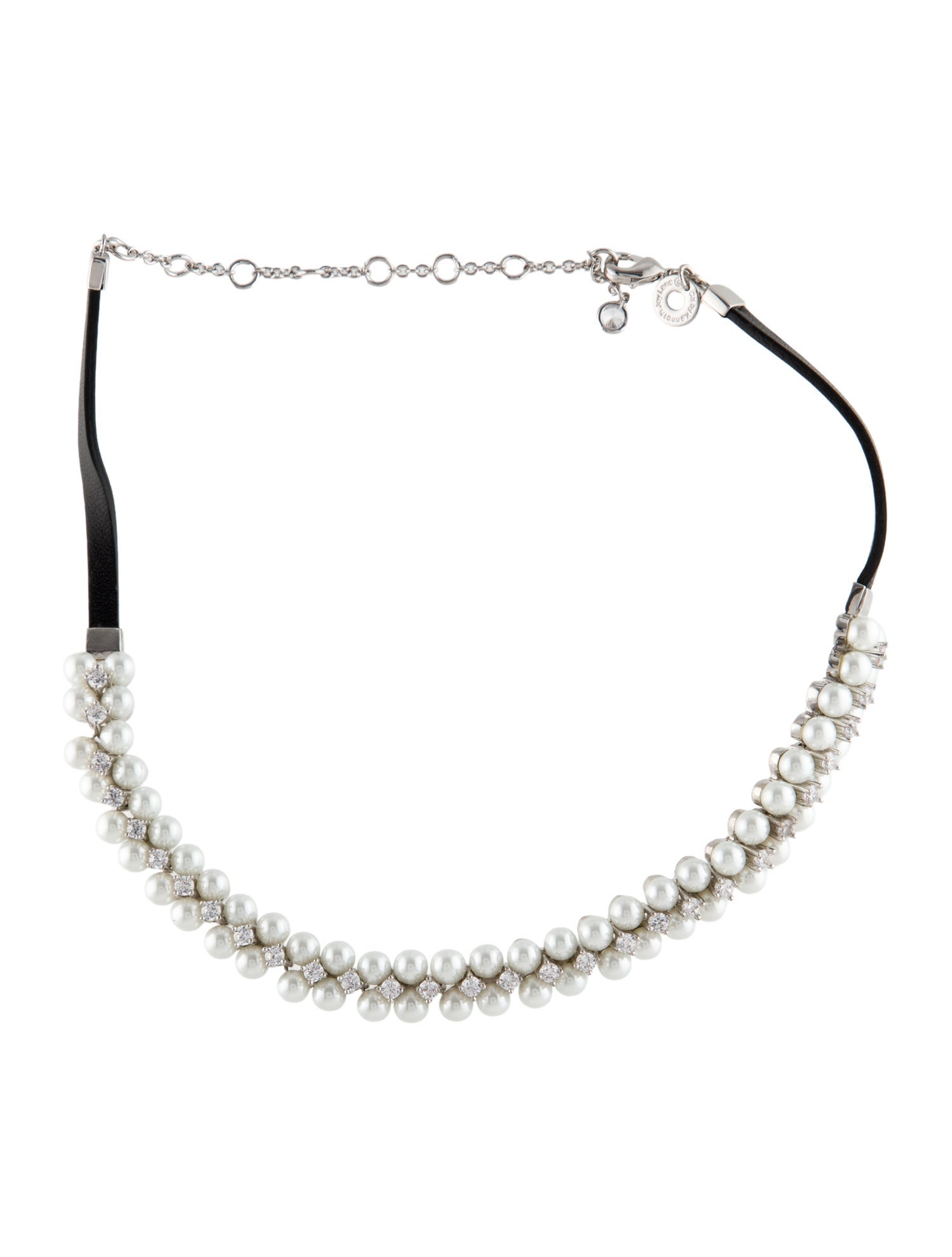 CZ by Kenneth Jay Lane Cz By Kenneth Jay Lane Faux Pearl, Leather & Cubic Zirconia Choker Necklace