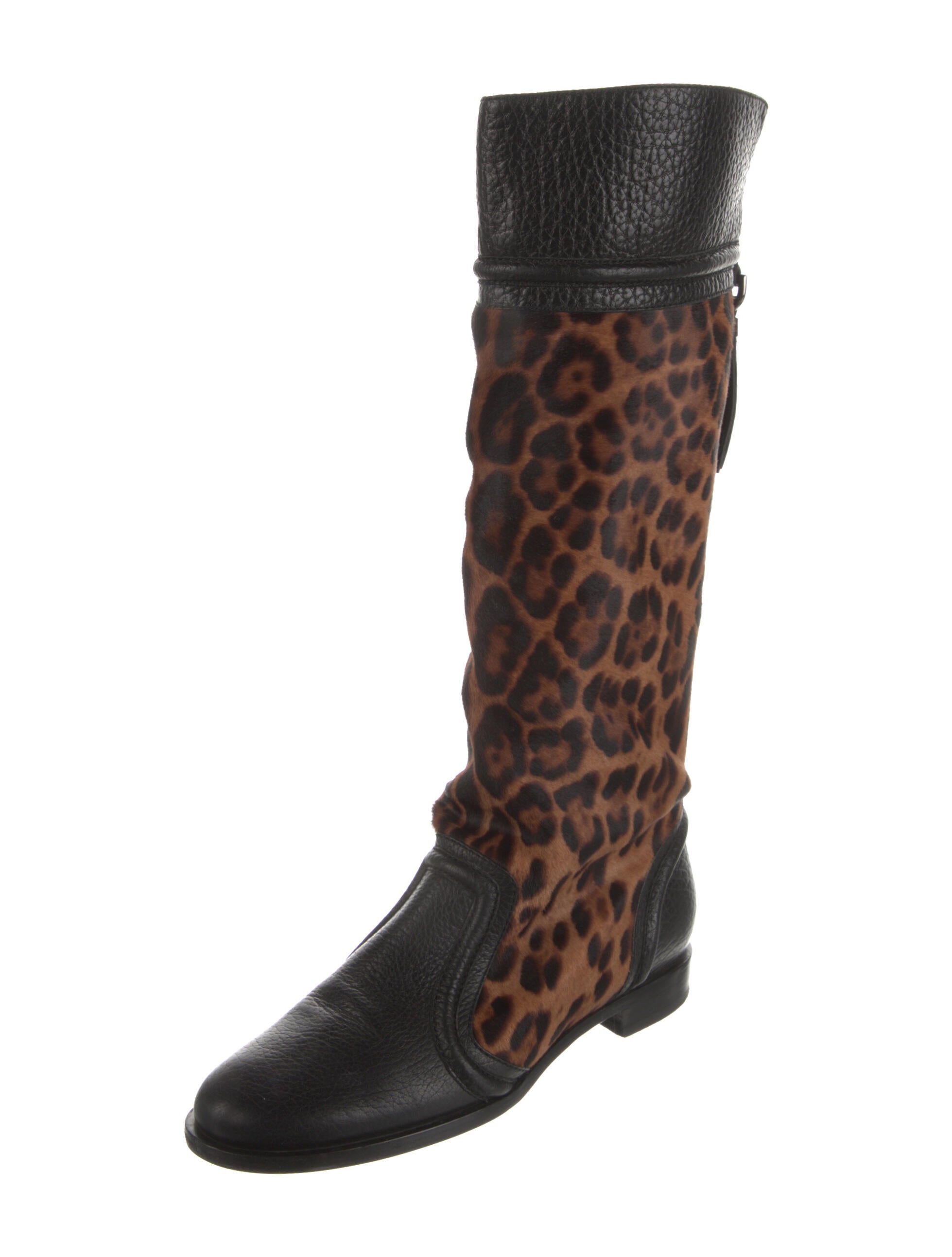 Dolce & Gabbana Calf Hair Animal Print Riding Boots Brown Boots