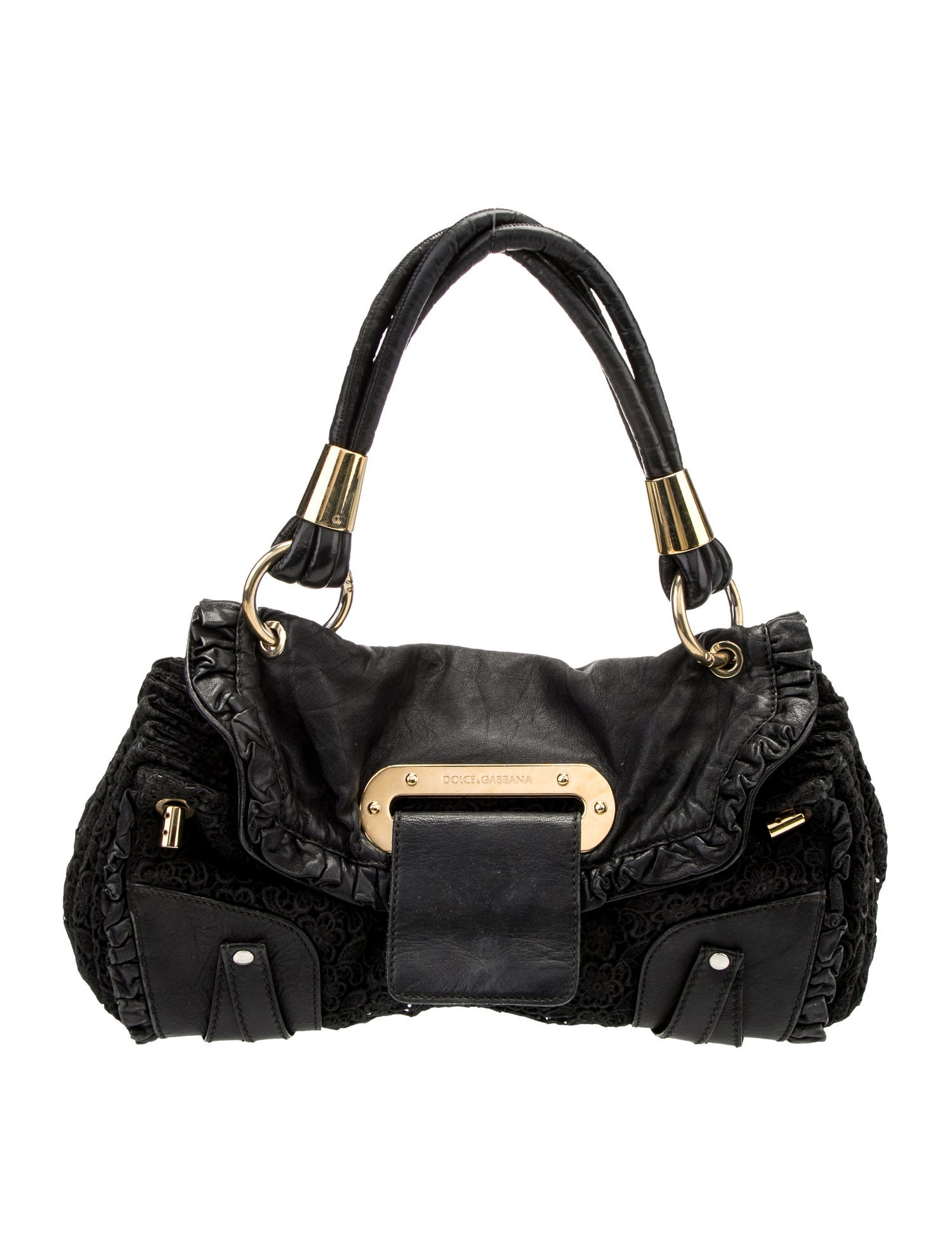Dolce & Gabbana Leather Trimmed Lace Shoulder Bag - Black