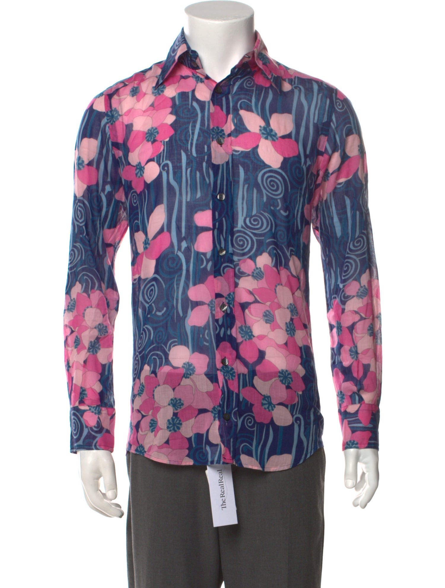 Dolce & Gabbana Floral Print Long Sleeve Dress Shirt Blue Dress