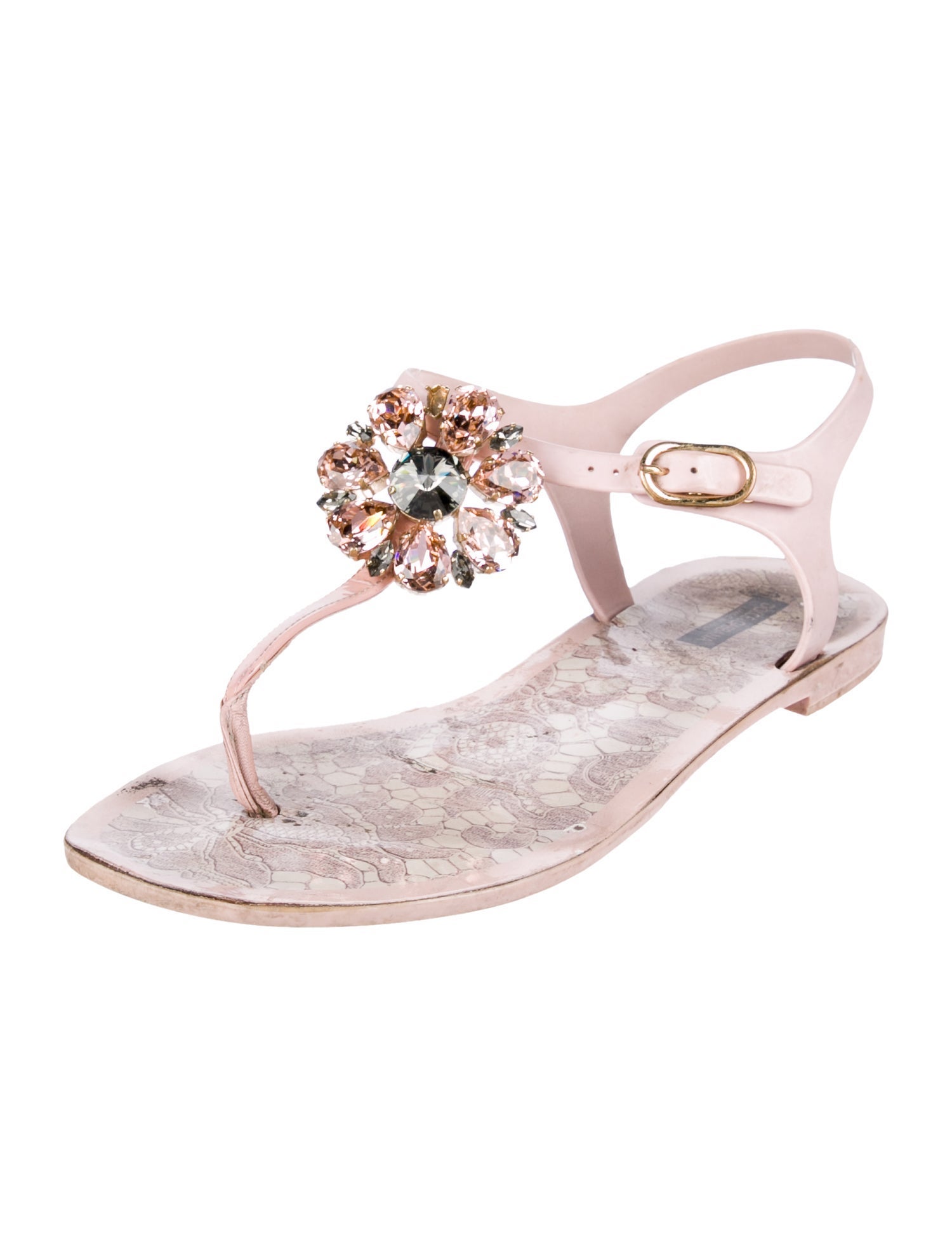 Dolce & Gabbana Rubber Crystal Embellishments T-Strap Sandals