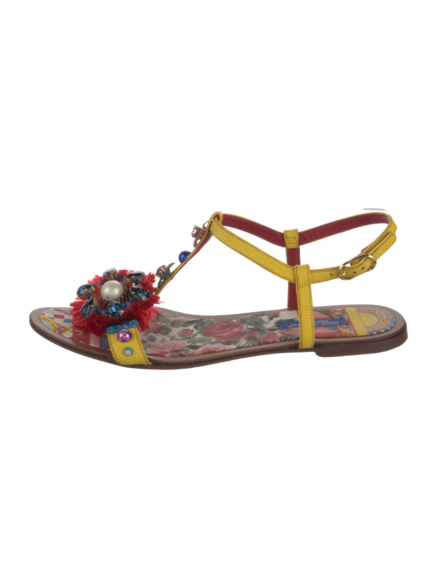 Dolce & Gabbana Leather Printed T-Strap Sandals