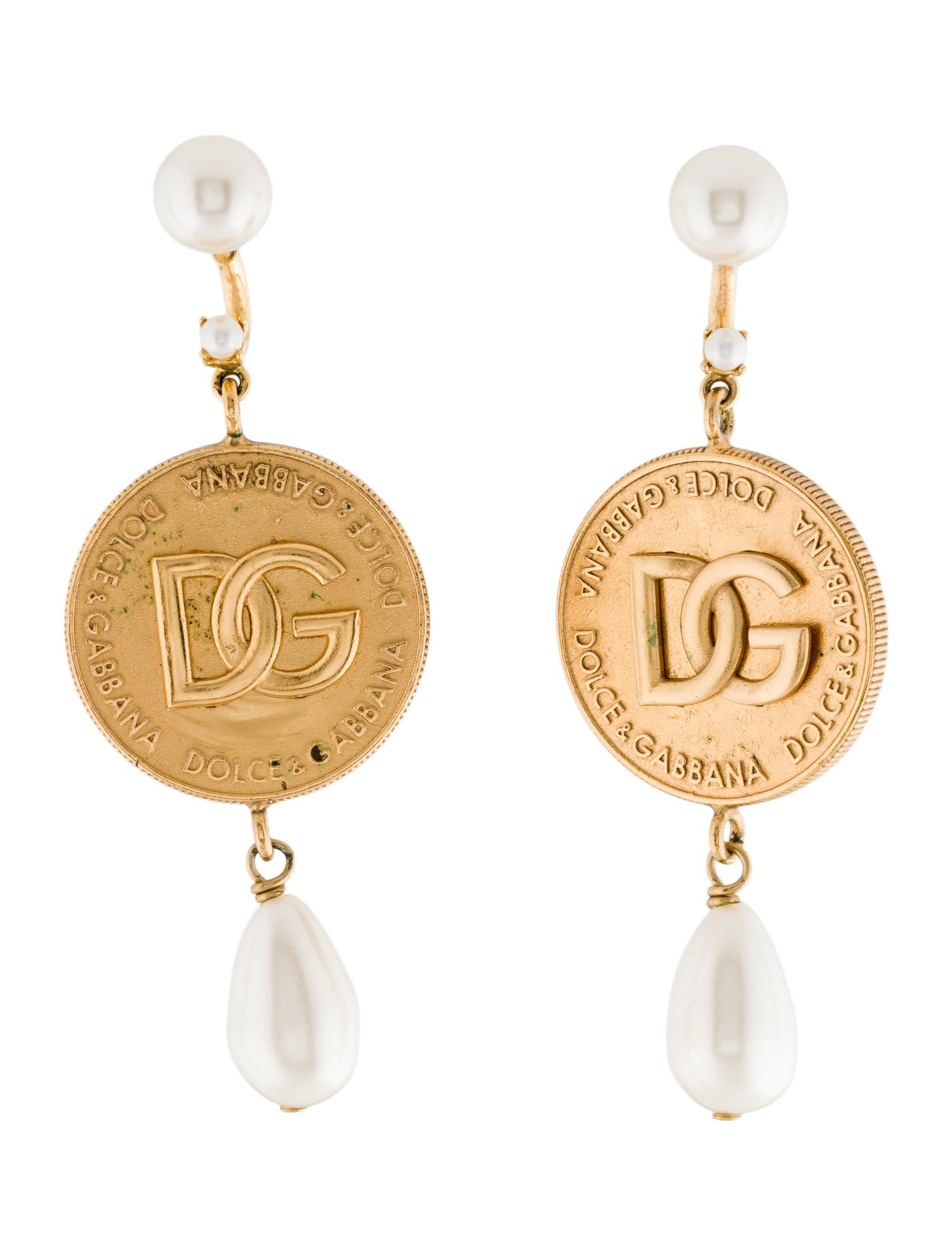 Dolce & Gabbana Faux Pearl Logo Coin Drop Earrings