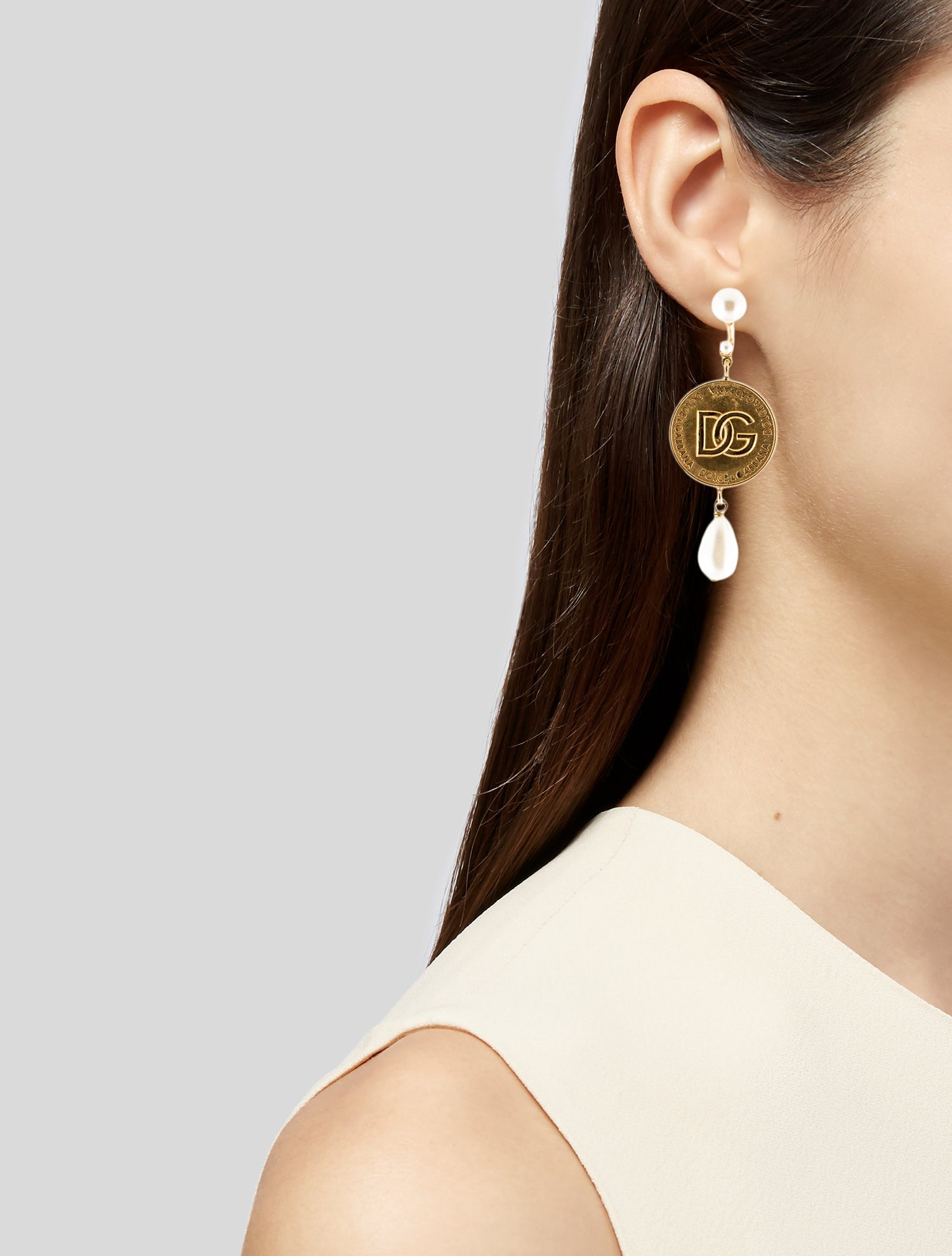 Dolce & Gabbana Faux Pearl Logo Coin Drop Earrings