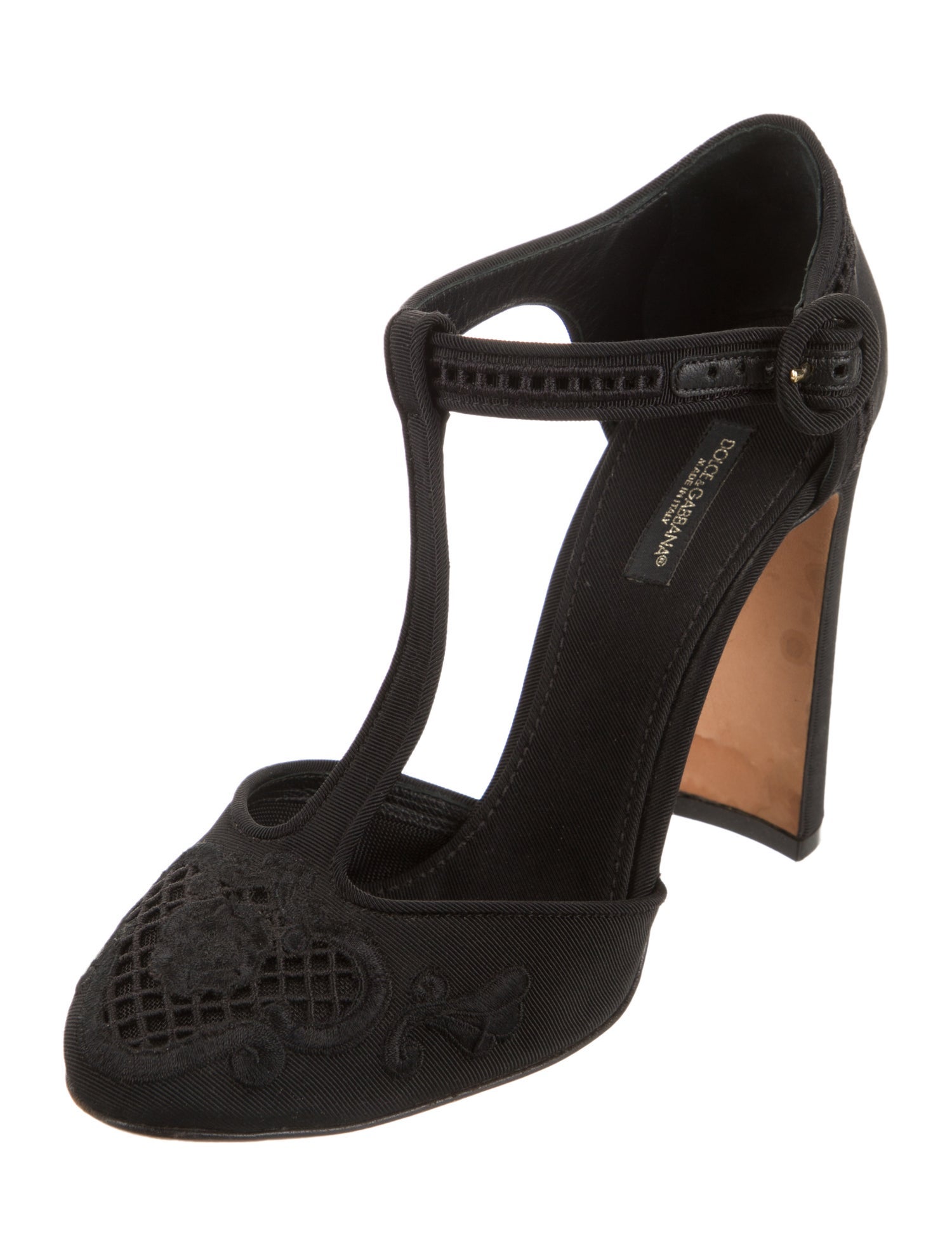 Dolce & Gabbana Canvas Embroidered Accent T-Strap Pumps