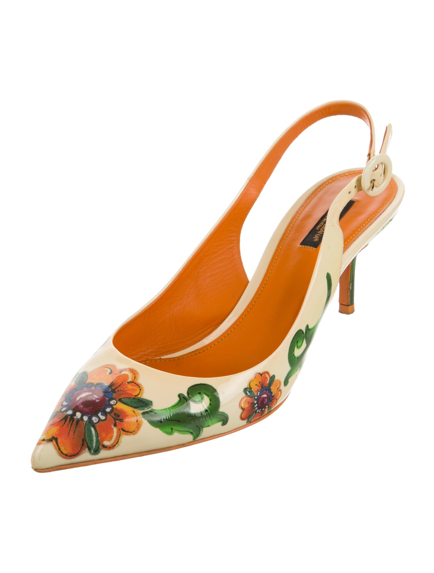 Dolce & Gabbana Patent Leather Floral Print Slingback Pumps