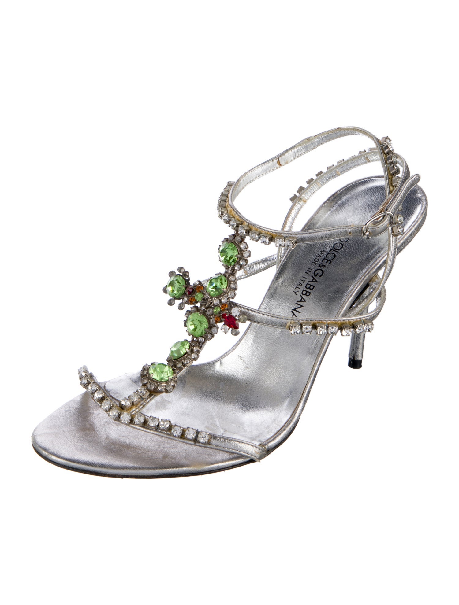 Dolce & Gabbana Leather Crystal Embellishments T-Strap Sandals