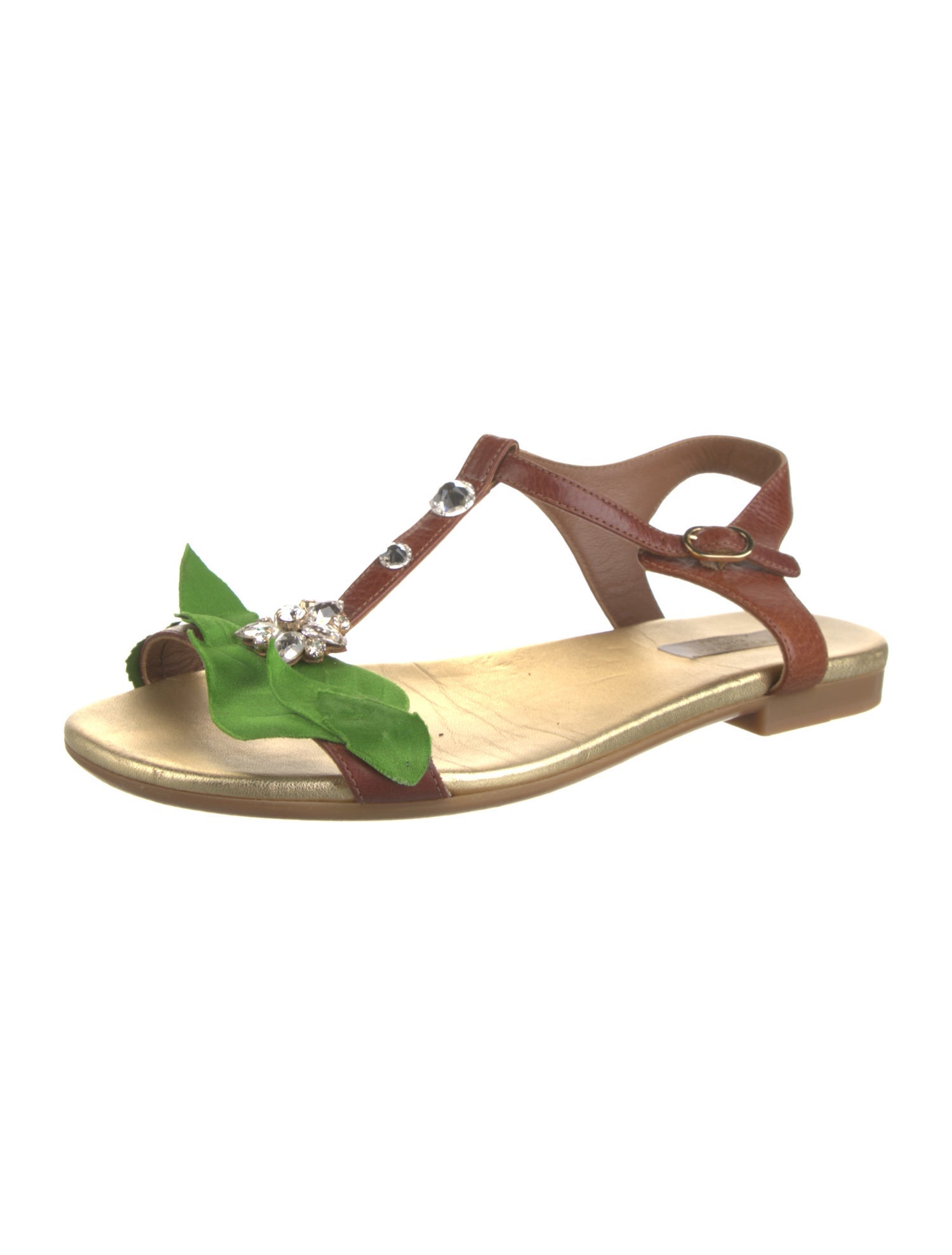 Dolce & Gabbana Leather Floral Print T-Strap Sandals