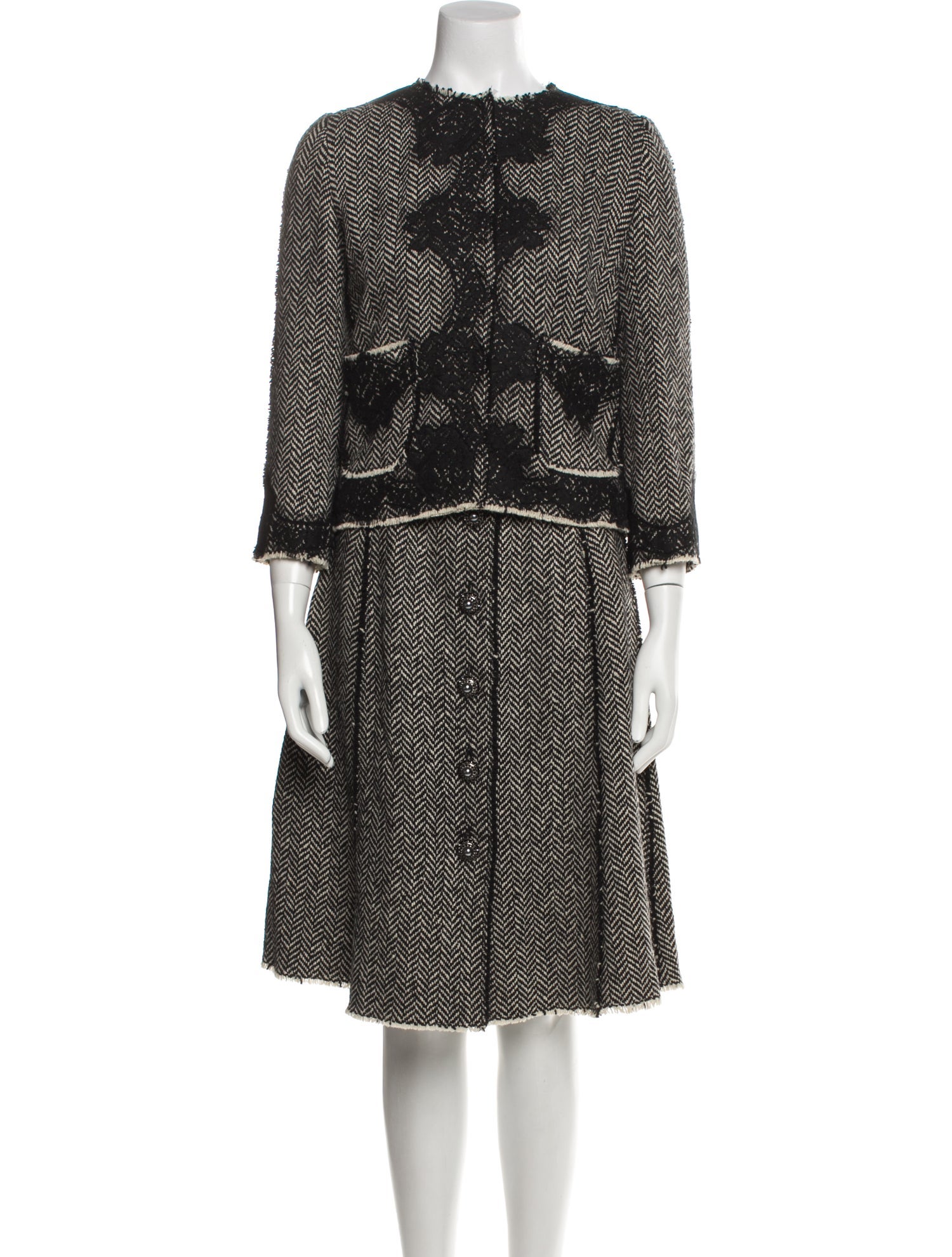 Dolce & Gabbana Tweed Pattern Fringe Trim Accent Skirt Suit w/ Tags