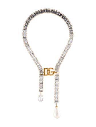 Dolce & Gabbana Crystal & Faux Pearl DG Logo Choker Necklace