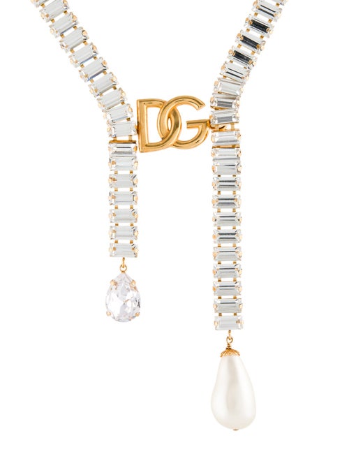 Dolce & Gabbana Crystal & Faux Pearl DG Logo Choker Necklace