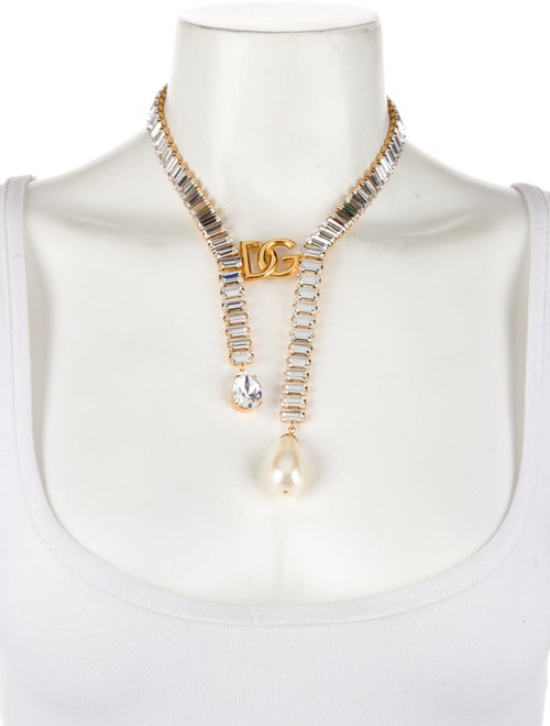 Dolce & Gabbana Crystal & Faux Pearl DG Logo Choker Necklace