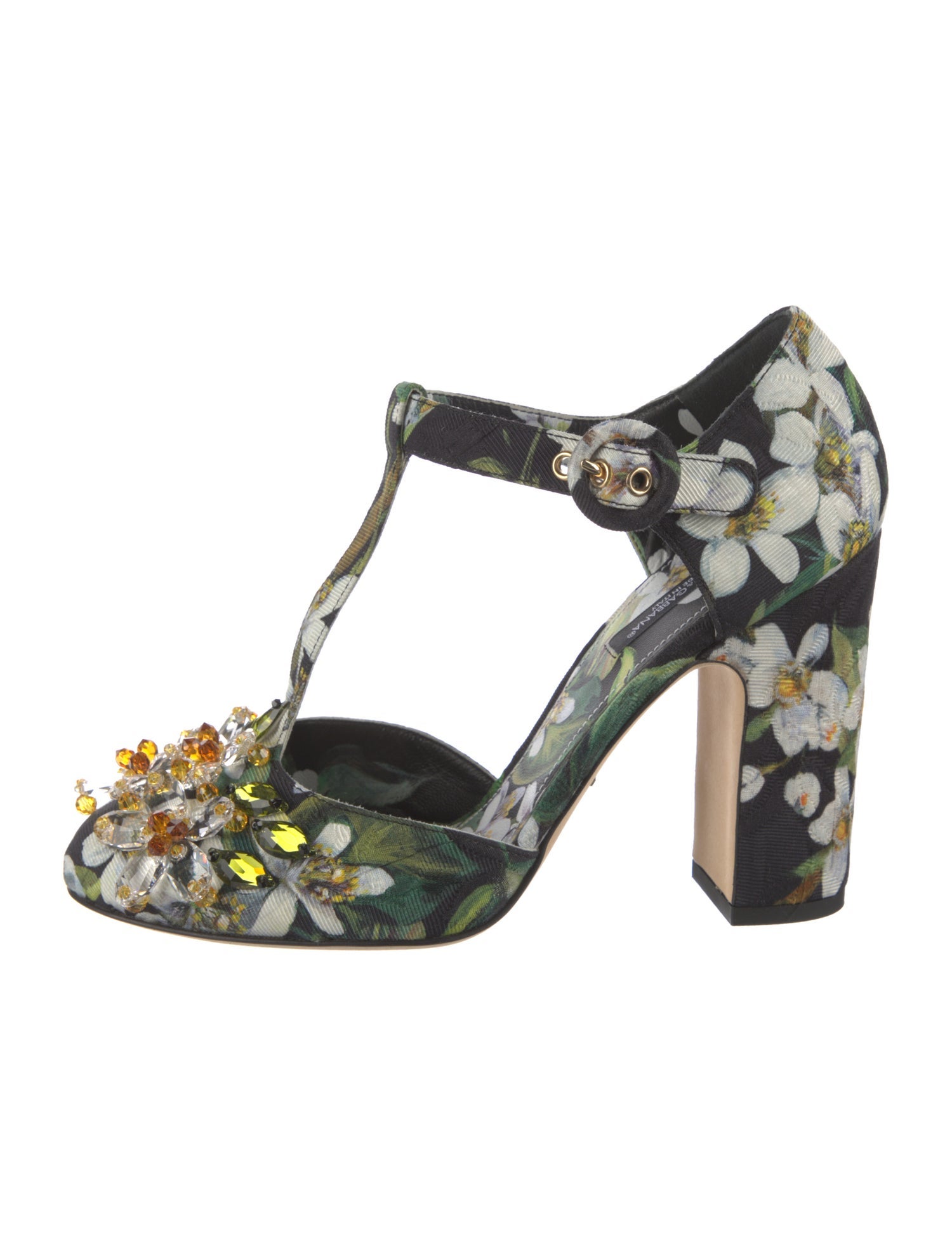 Dolce & Gabbana Orange Blossom Print Crystal Embellishments T-Strap Pumps