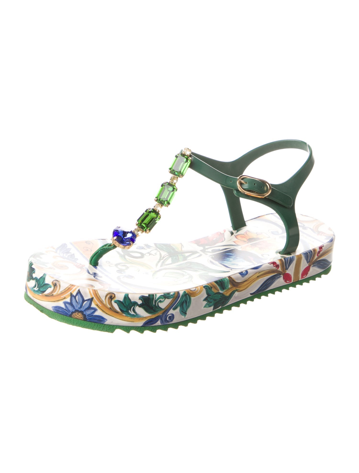 Dolce & Gabbana Rubber Floral Print T-Strap Sandals