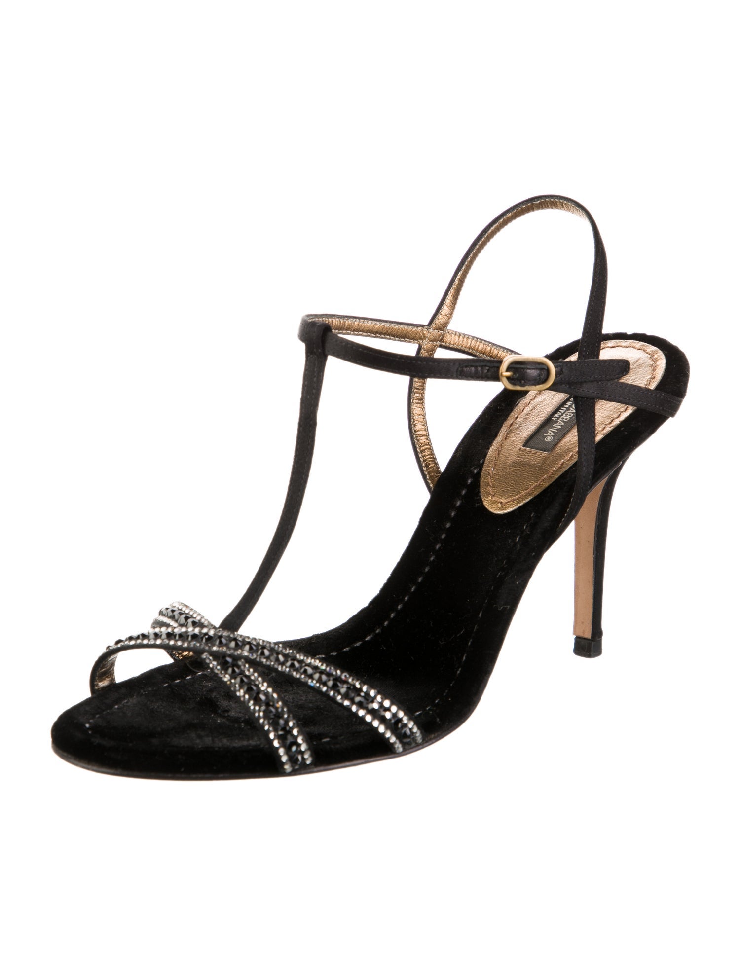Dolce & Gabbana Velvet Crystal Embellishments T-Strap Sandals