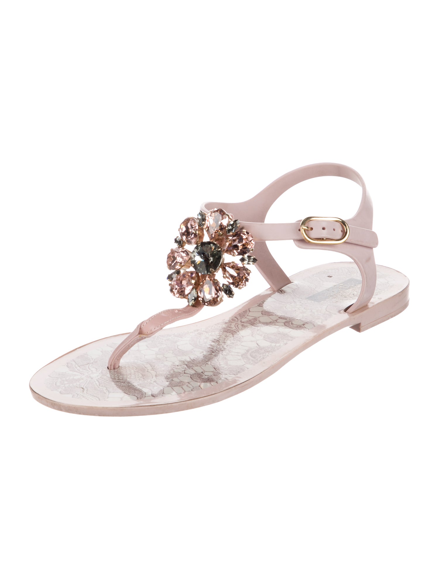 Dolce & Gabbana Rubber Crystal Embellishments T-Strap Sandals