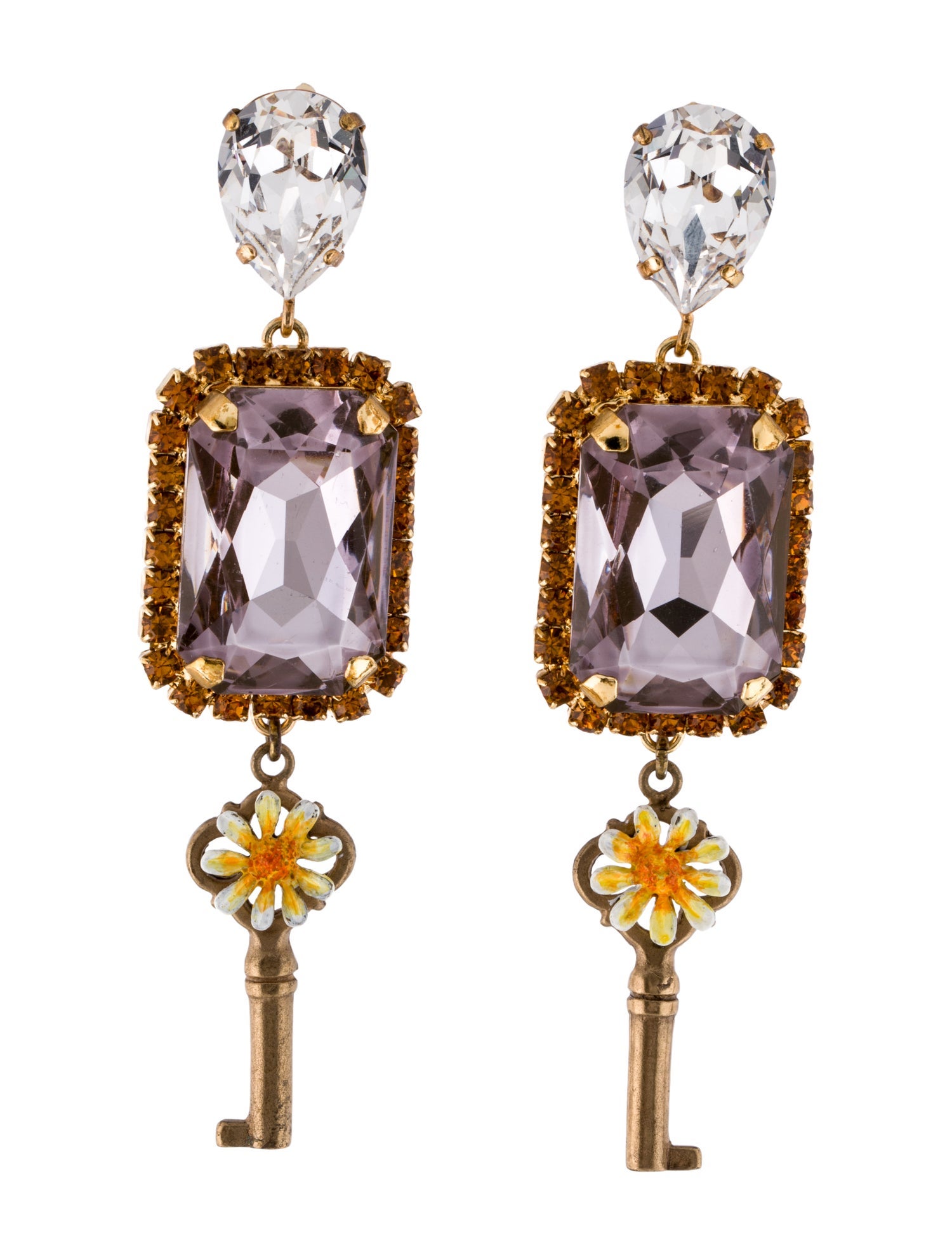 Dolce & Gabbana Crystal Flower Key Drop Clip-On Earrings