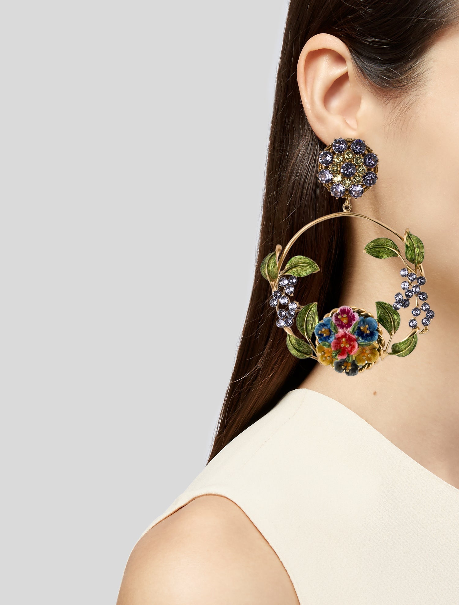 Dolce & Gabbana Crystal & Enamel "Blooming" Drop Hoop Clip On Earrings