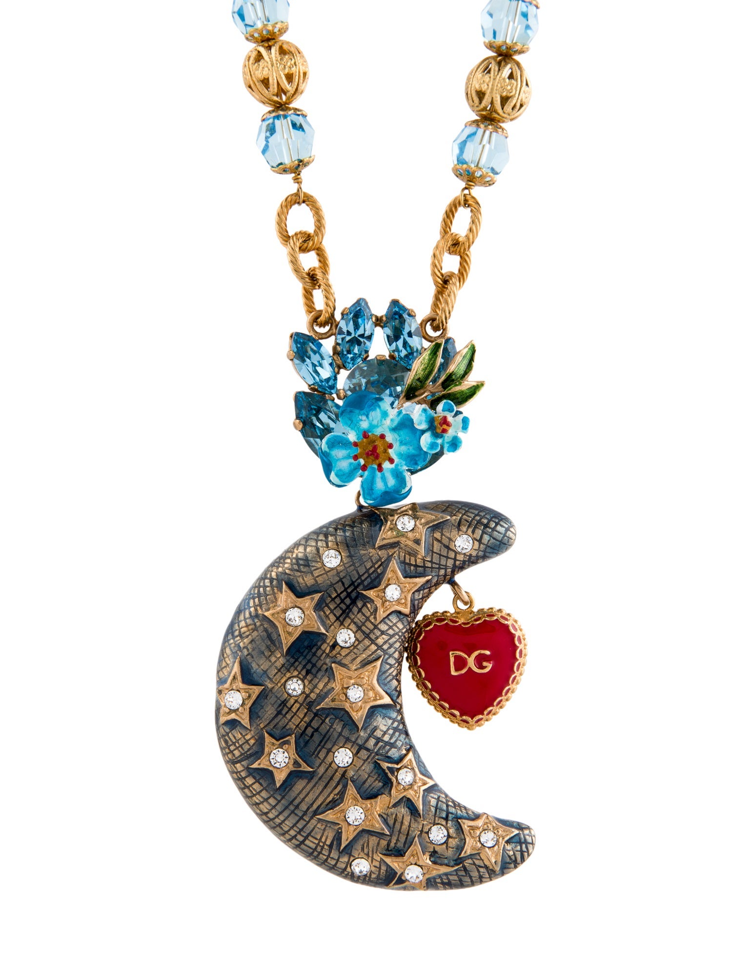 Dolce & Gabbana Enamel & Crystal Moon and Flowers Pendant Necklace