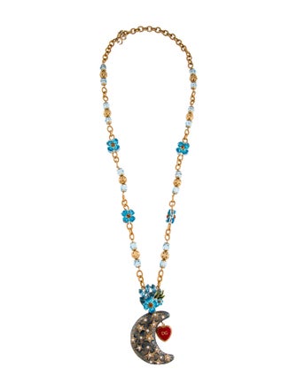Dolce & Gabbana Enamel & Crystal Moon and Flowers Pendant Necklace