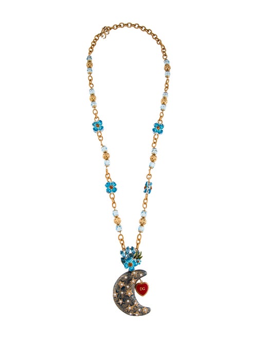 Dolce & Gabbana Enamel & Crystal Moon and Flowers Pendant Necklace