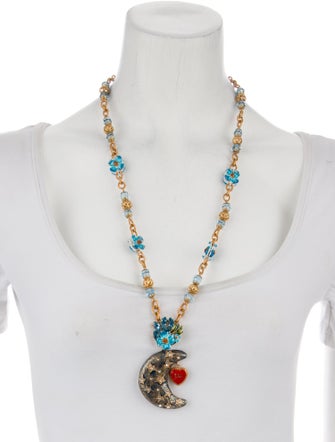 Dolce & Gabbana Enamel & Crystal Moon and Flowers Pendant Necklace