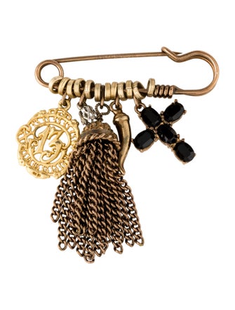 Dolce & Gabbana Crystal Cross & Faux Pearl Tassel Safety Pin Brooch