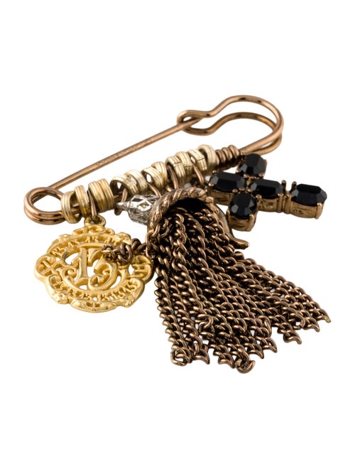 Dolce & Gabbana Crystal Cross & Faux Pearl Tassel Safety Pin Brooch