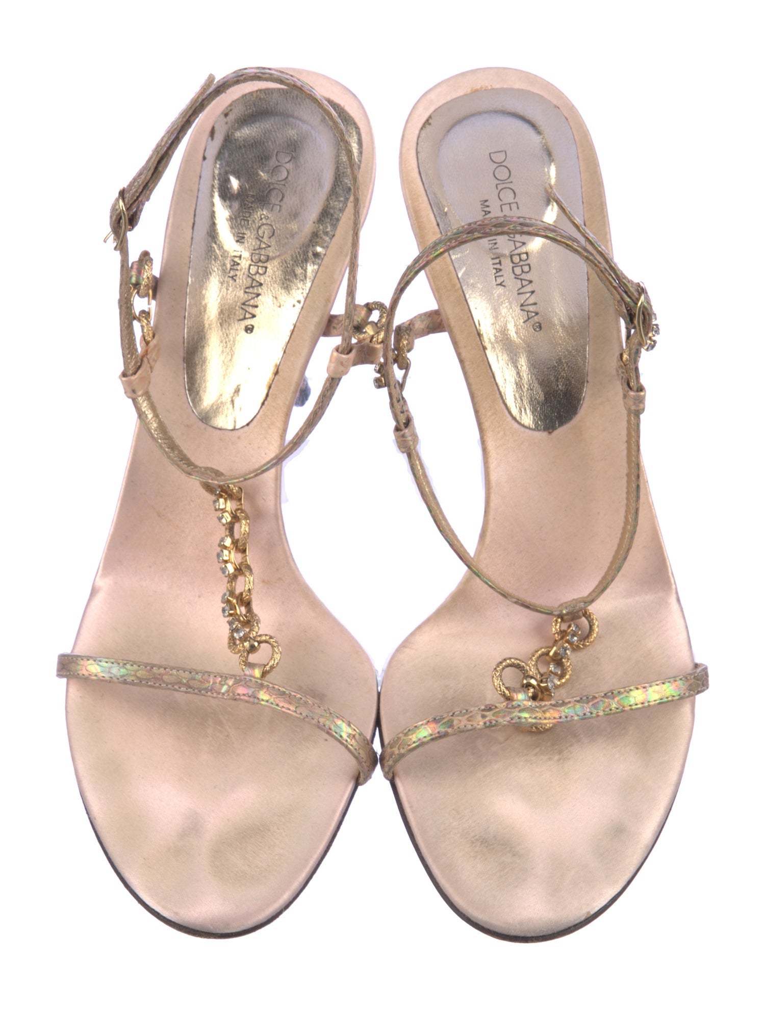 Dolce & Gabbana Snakeskin Chain-Link Accents T-Strap Sandals