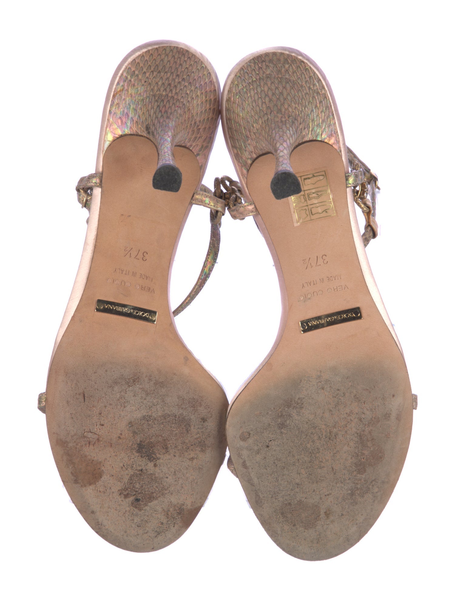 Dolce & Gabbana Snakeskin Chain-Link Accents T-Strap Sandals