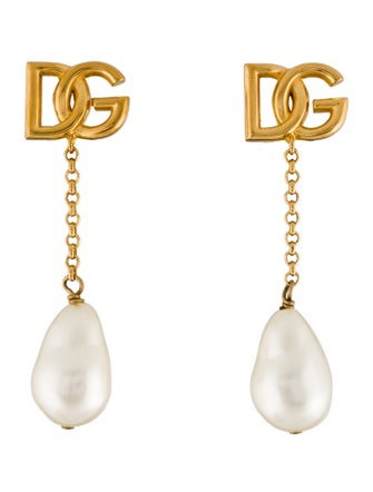 Dolce & Gabbana Faux Pearl & Logo Drop Earrings