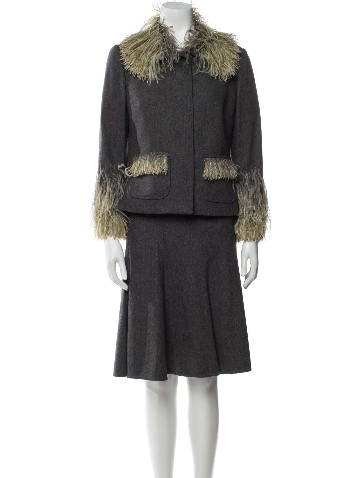 Dolce & Gabbana Wool Feather Trim Skirt Suit