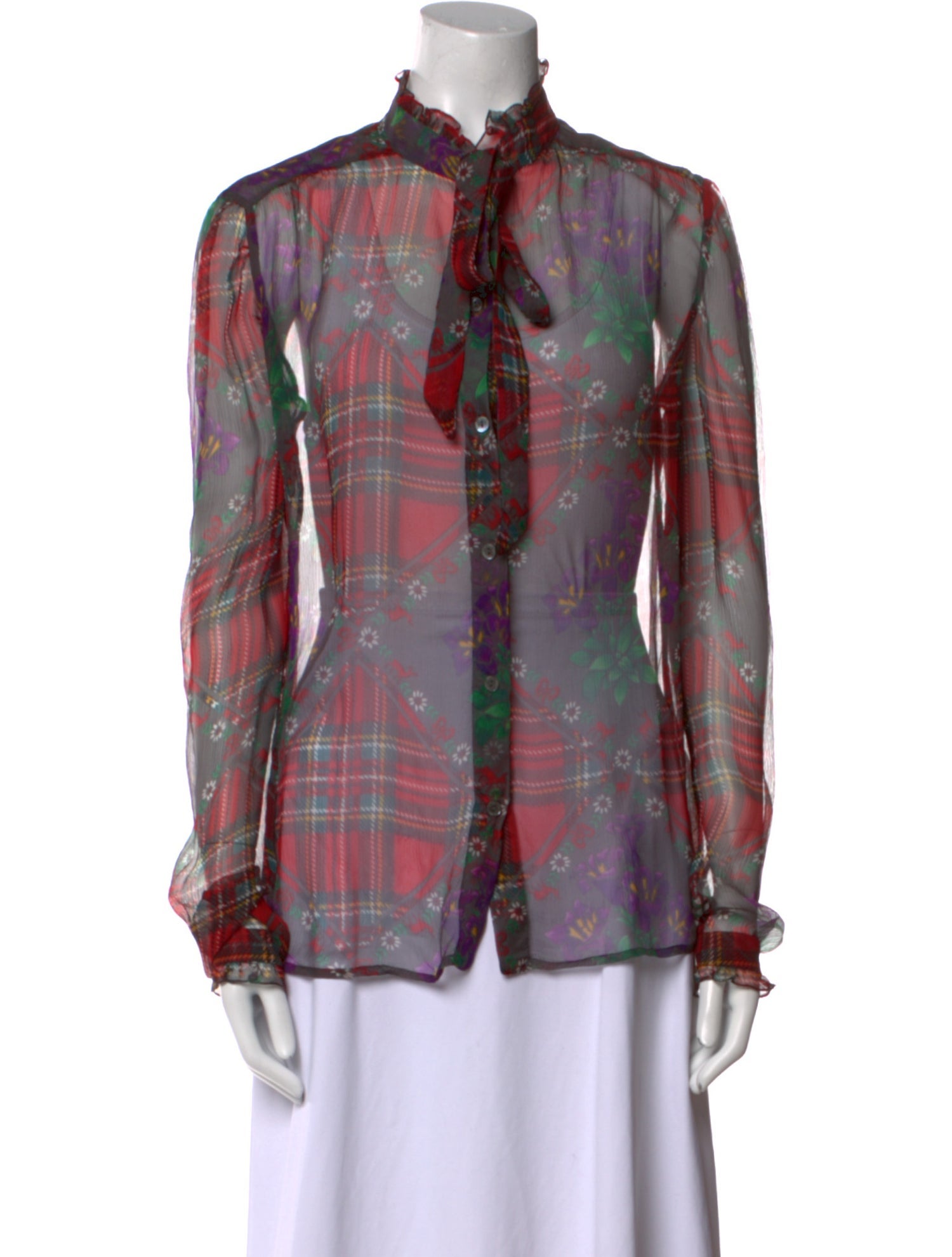 Dolce & Gabbana Silk Plaid Print Button-Up Top