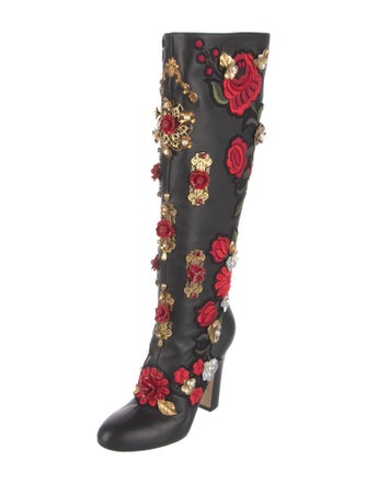 Dolce & Gabbana Leather Floral Print Lace-Up Boots