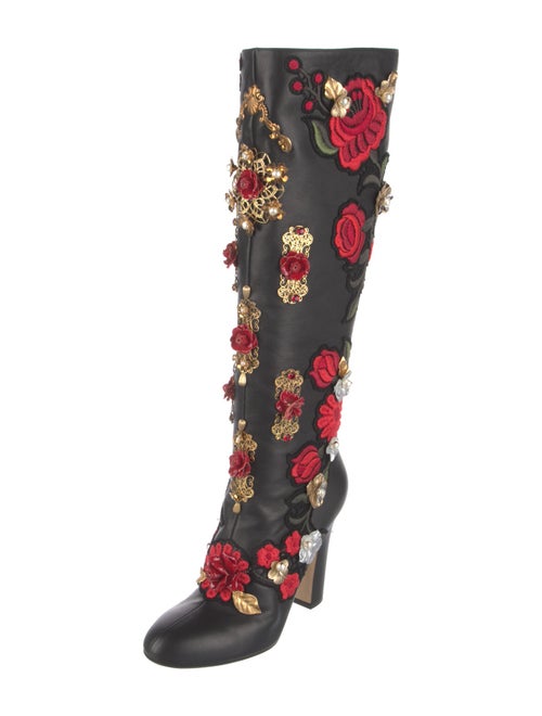 Dolce & Gabbana Leather Floral Print Lace-Up Boots