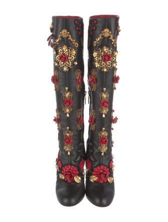Dolce & Gabbana Leather Floral Print Lace-Up Boots