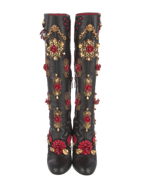 Dolce & Gabbana Leather Floral Print Lace-Up Boots
