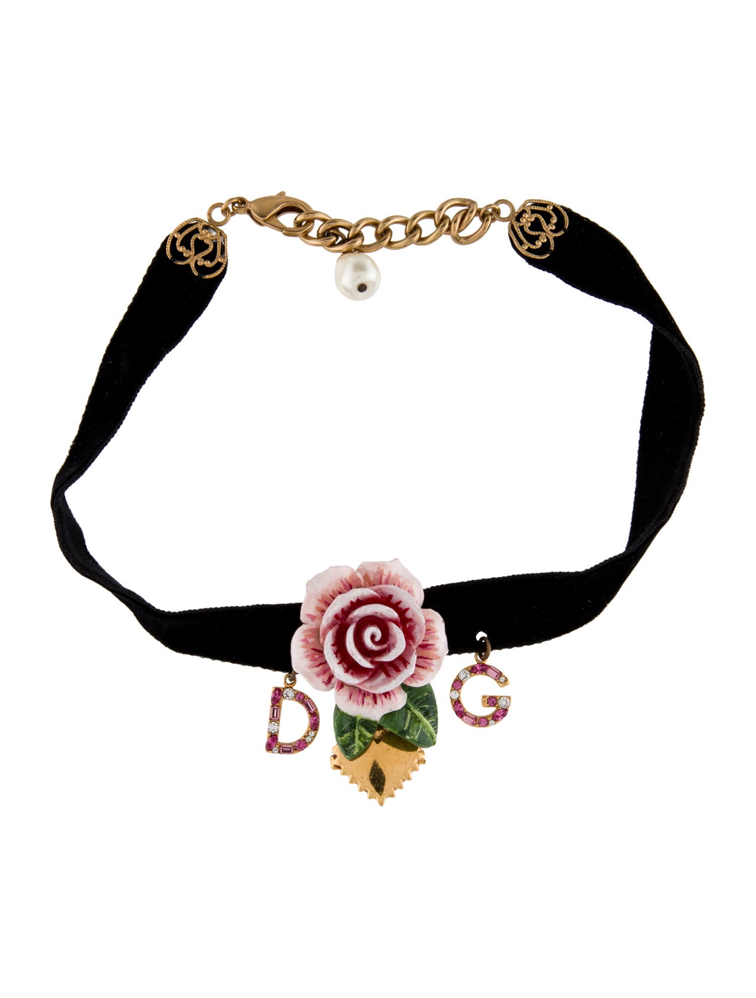Dolce & Gabbana Crystal, Faux Pearl & Enamel Velvet Rose Heart Choker