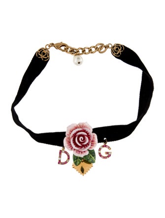 Dolce & Gabbana Crystal, Faux Pearl & Enamel Velvet Rose Heart Choker