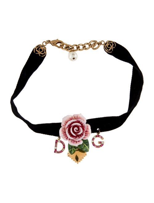 Dolce & Gabbana Crystal, Faux Pearl & Enamel Velvet Rose Heart Choker