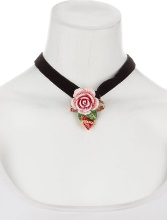 Dolce & Gabbana Crystal, Faux Pearl & Enamel Velvet Rose Heart Choker