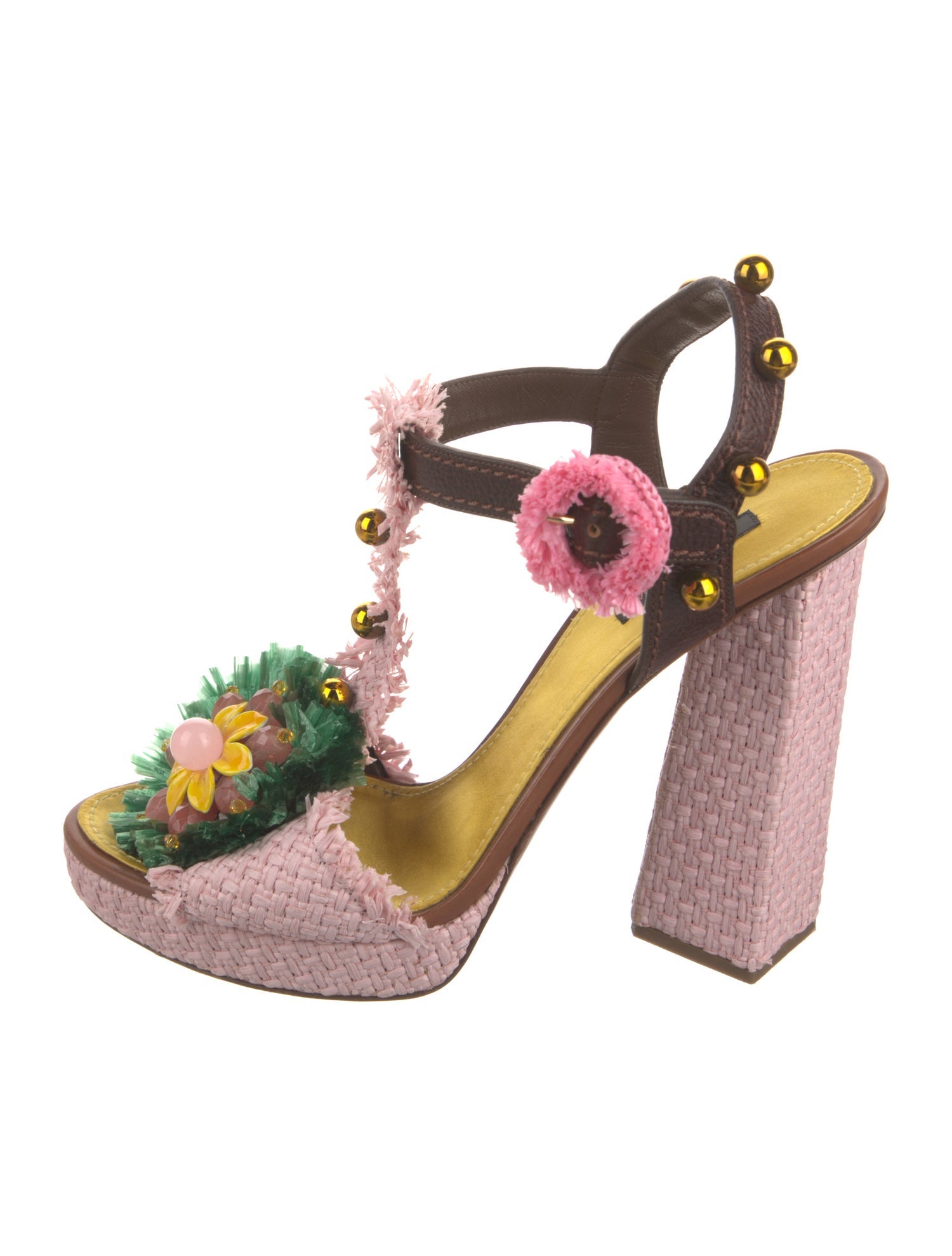 Dolce & Gabbana Raffia Studded Accents T-Strap Sandals