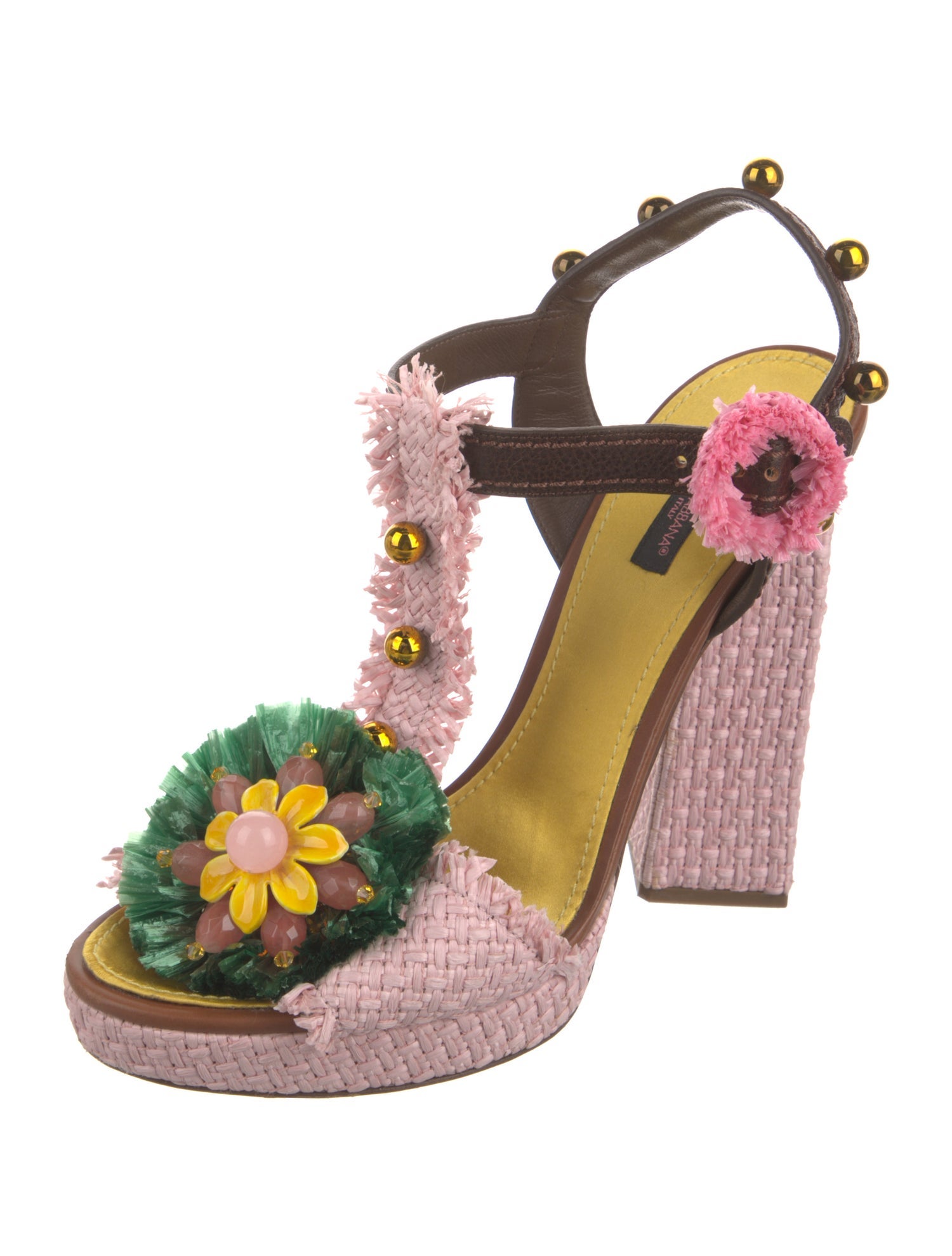 Dolce & Gabbana Raffia Studded Accents T-Strap Sandals