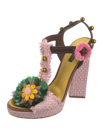Dolce & Gabbana Raffia Studded Accents T-Strap Sandals