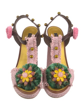 Dolce & Gabbana Raffia Studded Accents T-Strap Sandals