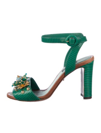 Dolce & Gabbana Embossed Leather Crystal Embellishments Sandals