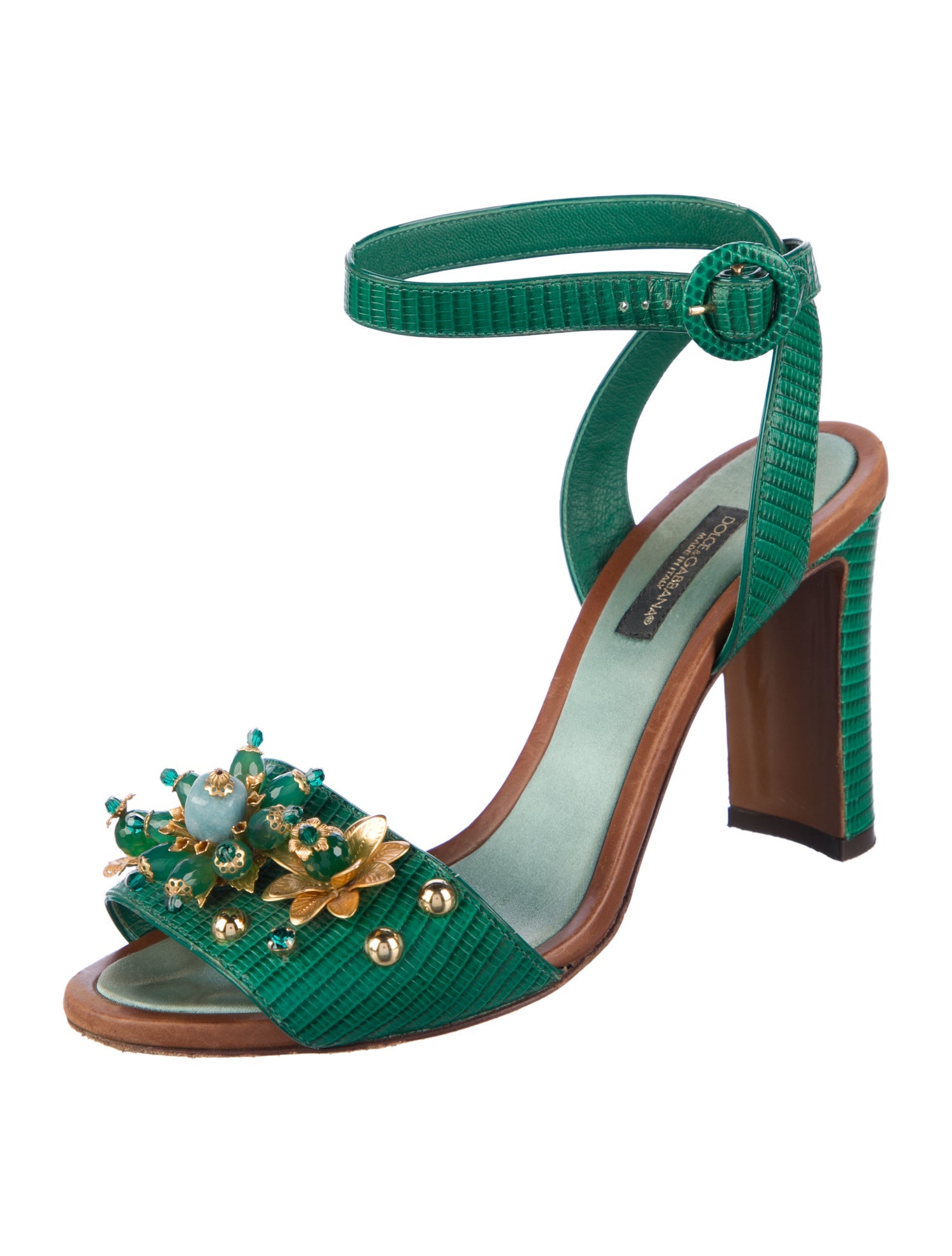 Dolce & Gabbana Embossed Leather Crystal Embellishments Sandals