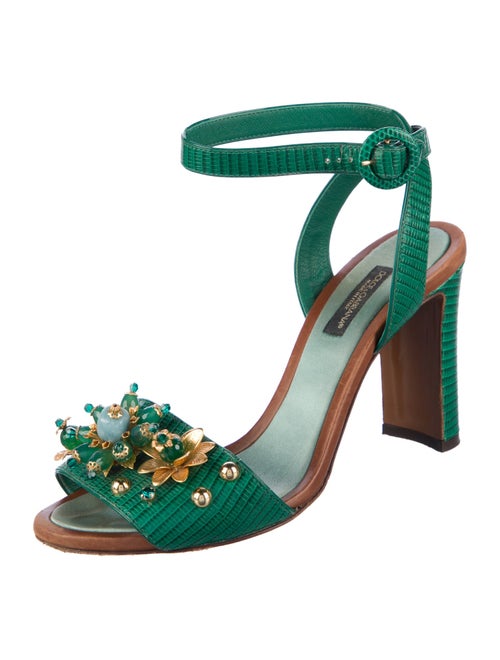 Dolce & Gabbana Embossed Leather Crystal Embellishments Sandals